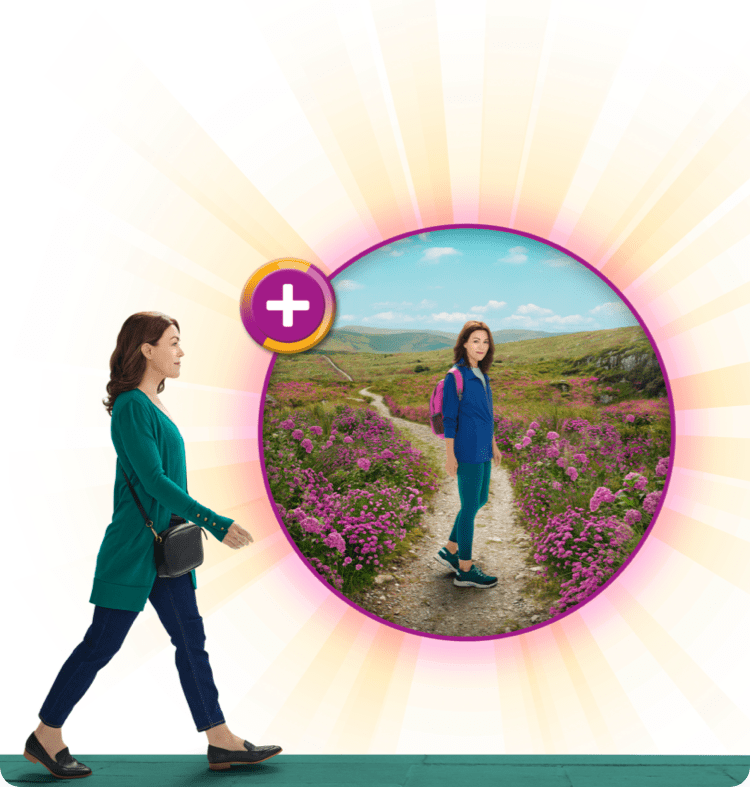 Woman walks along a green path